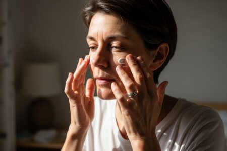 Persona aplicando crema en la cara con luz natural.