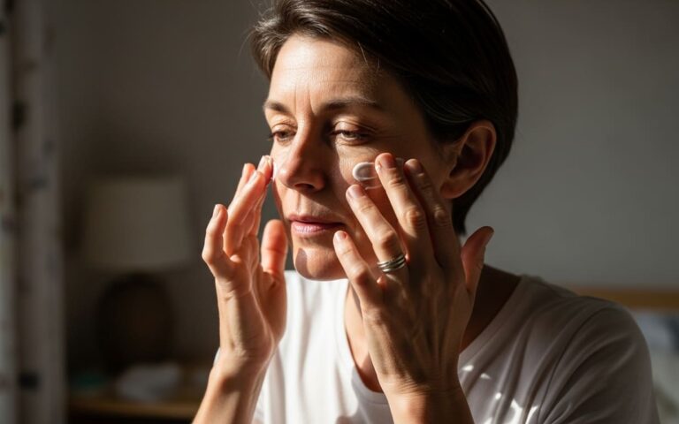 Persona aplicando crema en la cara con luz natural.