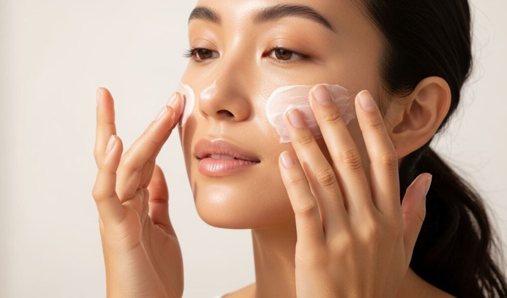 Mujer con piel limpia aplicando crema