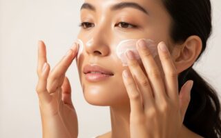 Mujer con piel limpia aplicando crema