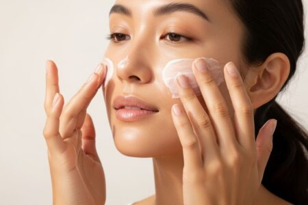 Mujer con piel limpia aplicando crema